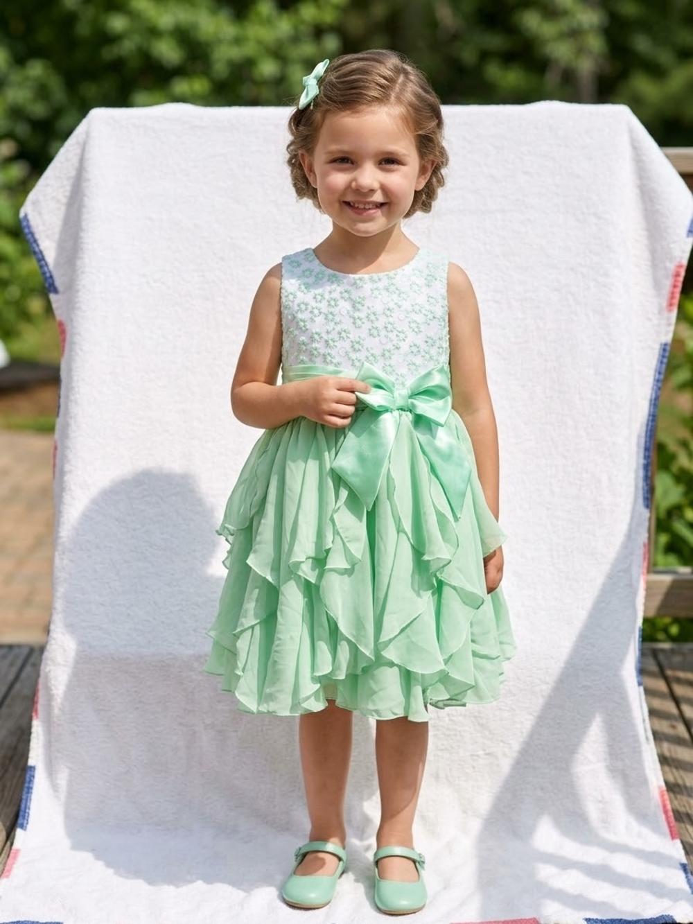 Youngland Mint Green Floral Lace Party Dress with Satin Bow Size 5T KD 6